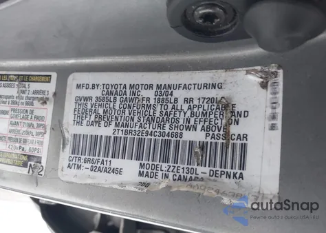 2004 Toyota Corolla Le from USA, damaged, VIN 2T1BR32E94C304688